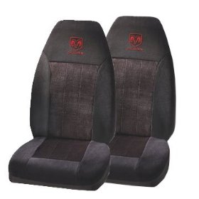 Show details of A Set Of 2 Universal-Fit Front Bucket Seat Cover - Red Dodge Ram Logo.