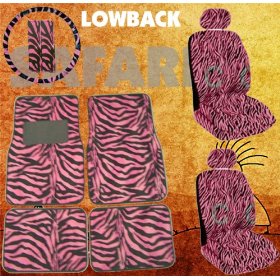 Show details of 11pc Safari Pink Zebra Print Car Floor Mats, Low Back Seat Covers, Steering Wheel Cover & Shoulder Pad Set.