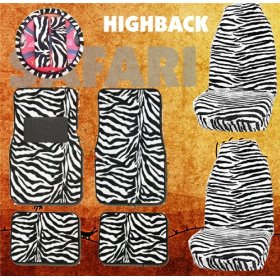 Show details of 9pc Safari White Zebra Tiger Print Car Floor Mats, High Back Seat Covers, Steering Wheel Cover & Shoulder Pad Set.