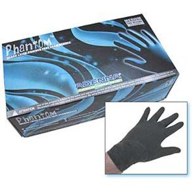 Show details of Medium Black latex exam gloves from PhantomTM. Powder-free, non-sterile, with a textured surface..