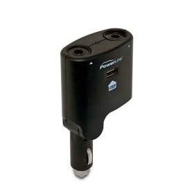 Show details of PowerLine 0900-79 12-Volt DC Dual Socket Splitter with USB Charging Port.