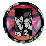 Show details of Hawaiian Steering Wheel Cover and Shoulder Pad - Charcoal Black Hawaii Hibiscus Floral Print.